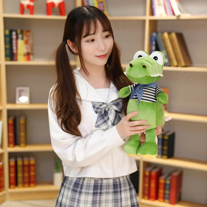 Cute Green Crocodile Plush Toy – Striped Shirt Stuffed Animal
