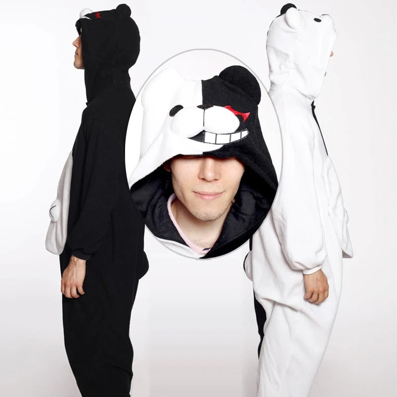 Black and White Bear Costume Adult Kigurumi Onesie Cosplay Pajamas Unisex Halloween Christmas Sleepwear Party Outfit