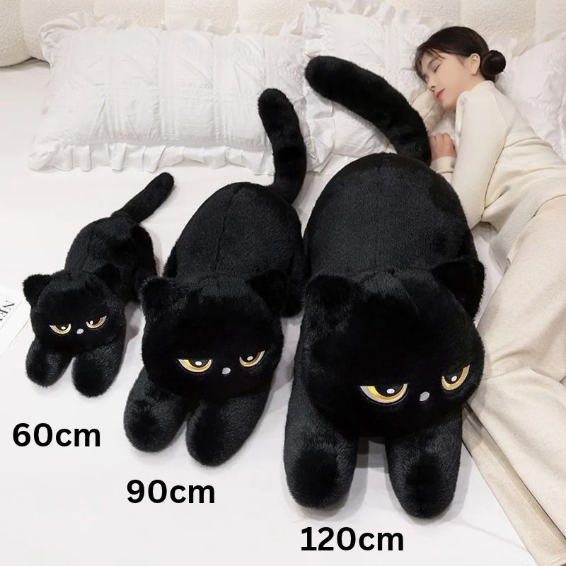 Black Cat Plush Pillow – Soft Lying Cat Cushion