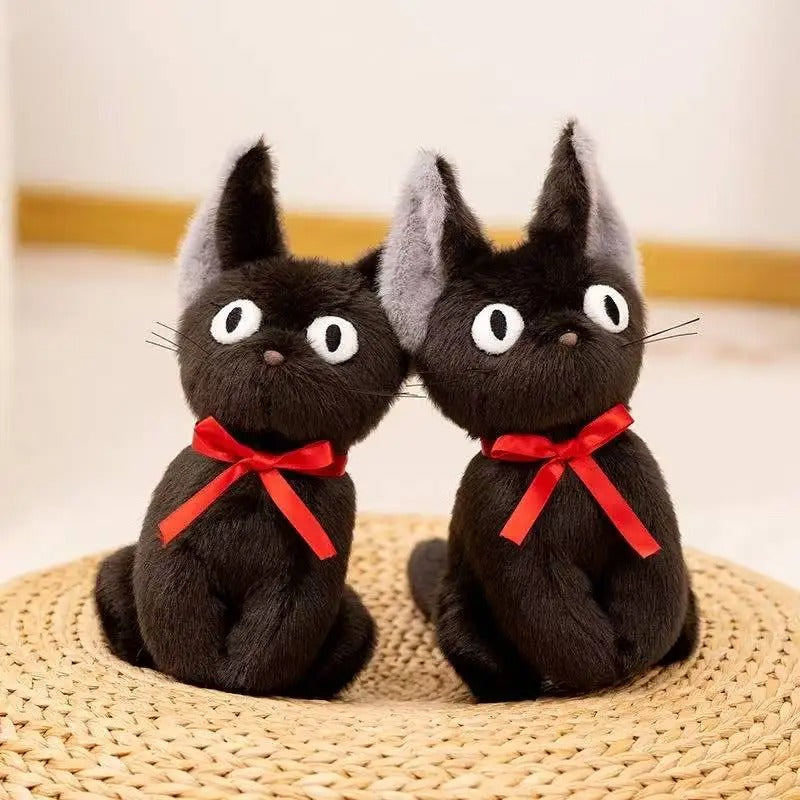 Cute Black Cat Plush Toy – Handmade Kawaii Stuffed Animal with Red Ribbon
