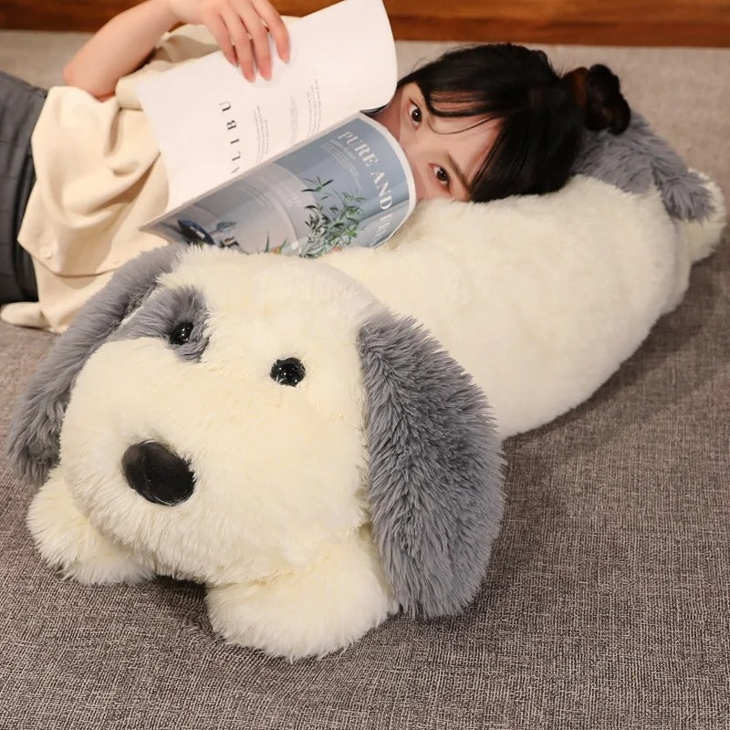 Fluffy Lying Dog Plush Pillow – Soft Cuddly Stuffed Animal