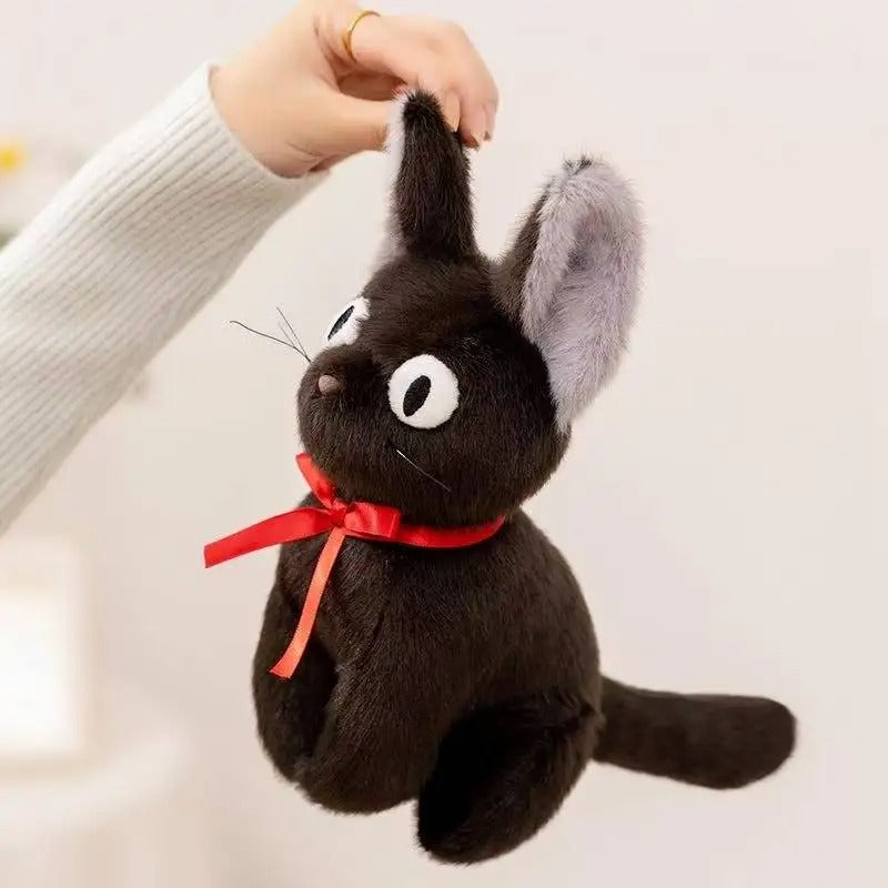 Cute Black Cat Plush Toy – Handmade Kawaii Stuffed Animal with Red Ribbon