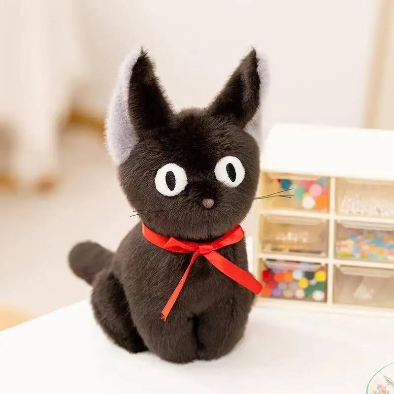 Cute Black Cat Plush Toy – Handmade Kawaii Stuffed Animal with Red Ribbon