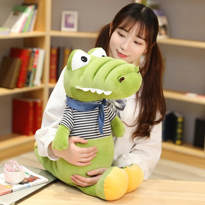 Cute Green Crocodile Plush Toy – Striped Shirt Stuffed Animal